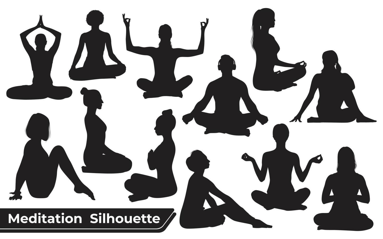 coleção de silhuetas de meditação ou ioga em diferentes poses vetor