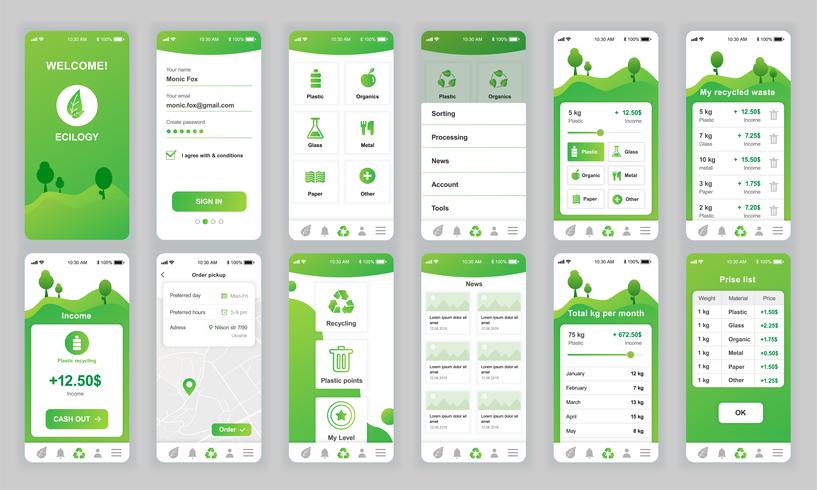 Conjunto de UI, UX, telas de GUI Ecologia app design plano modelo para aplicativos móveis, wireframes site responsivo. Kit de interface do usuário de Web design. Painel de ecologia. vetor