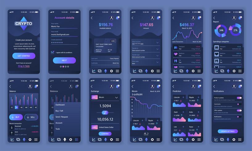 Conjunto de UI, UX, telas GUI Cryptocurrency app modelo de design plano para aplicativos móveis, wireframes site responsivo. Kit de interface do usuário de Web design. Painel de Criptomoedas. vetor