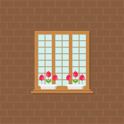 janela e vaso de flores na ilustração da parede de tijolo, design plano vetor