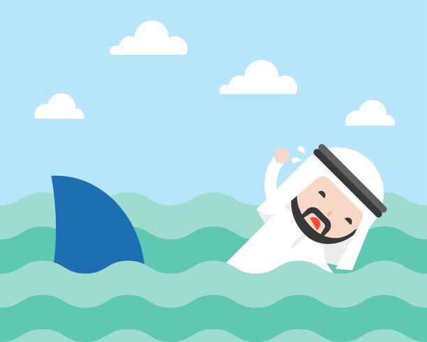 Empresário árabe nadando para fugir de tubarão, design plano vetor