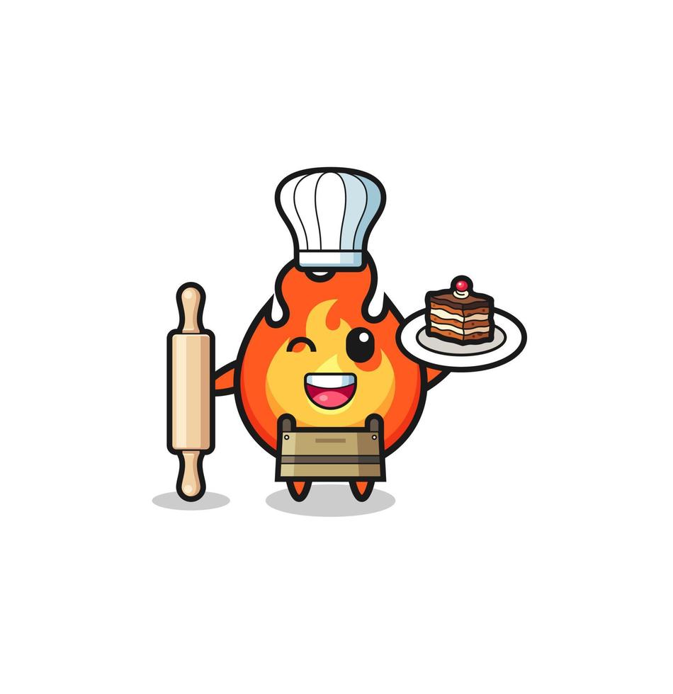 fogo enquanto o mascote do chef pasteleiro segura o rolo de massa vetor