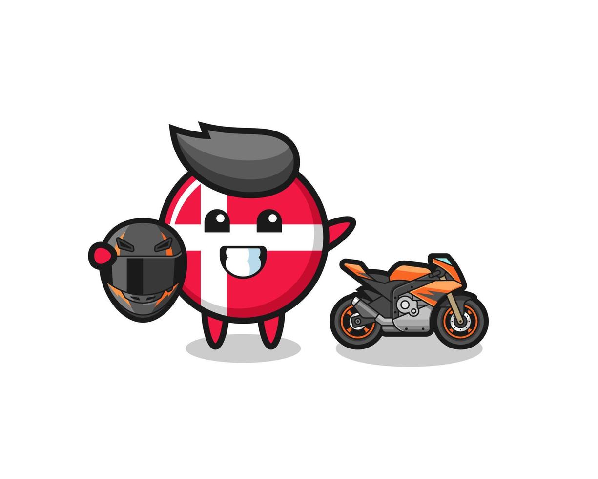 desenho bonito da bandeira da Dinamarca como piloto de moto vetor
