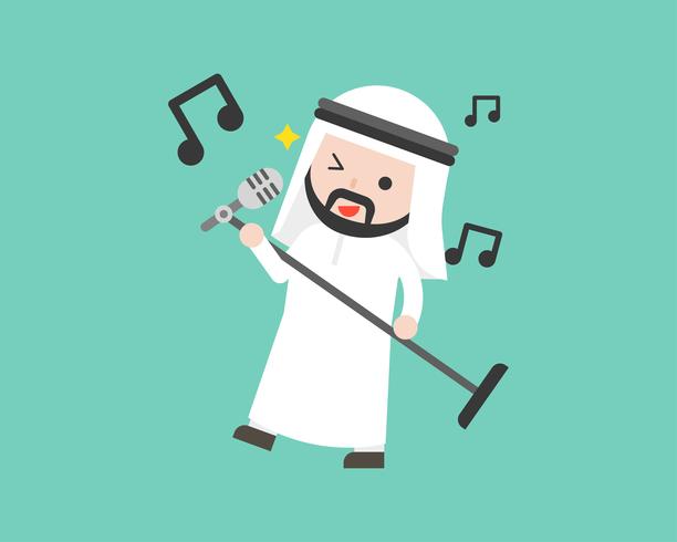 Empresário árabe segurando o microfone e cantando, design plano vetor