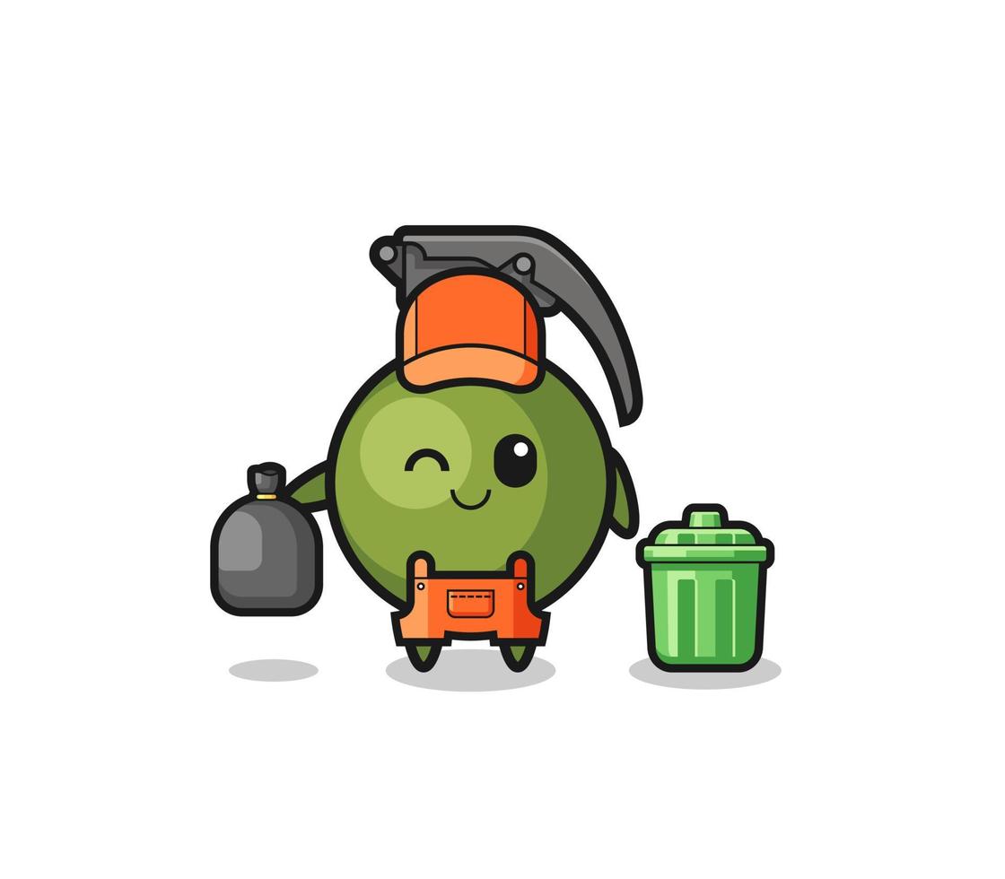 o mascote da granada fofa como coletor de lixo vetor
