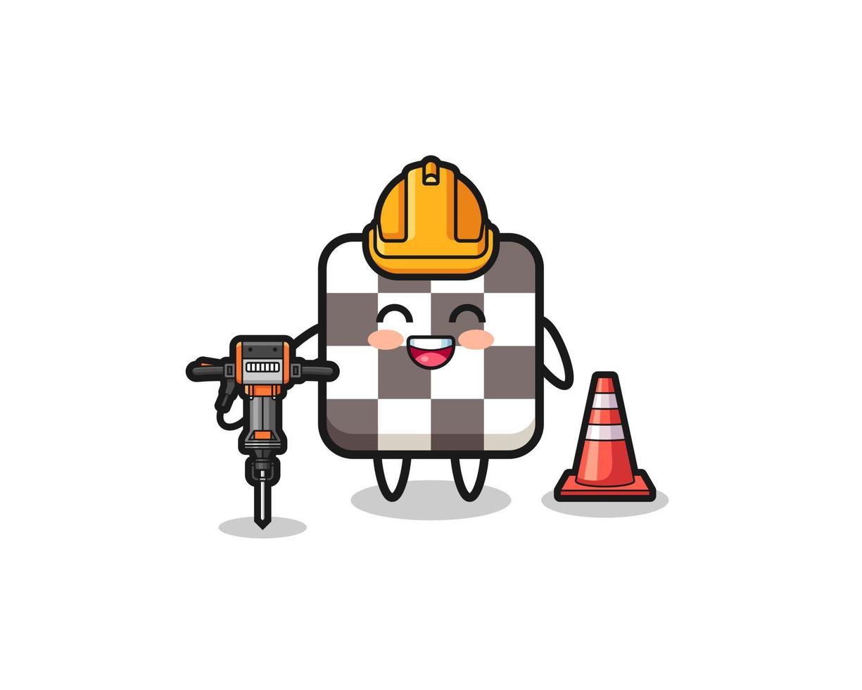 trabalhador rodoviário mascote do tabuleiro de xadrez segurando uma furadeira vetor