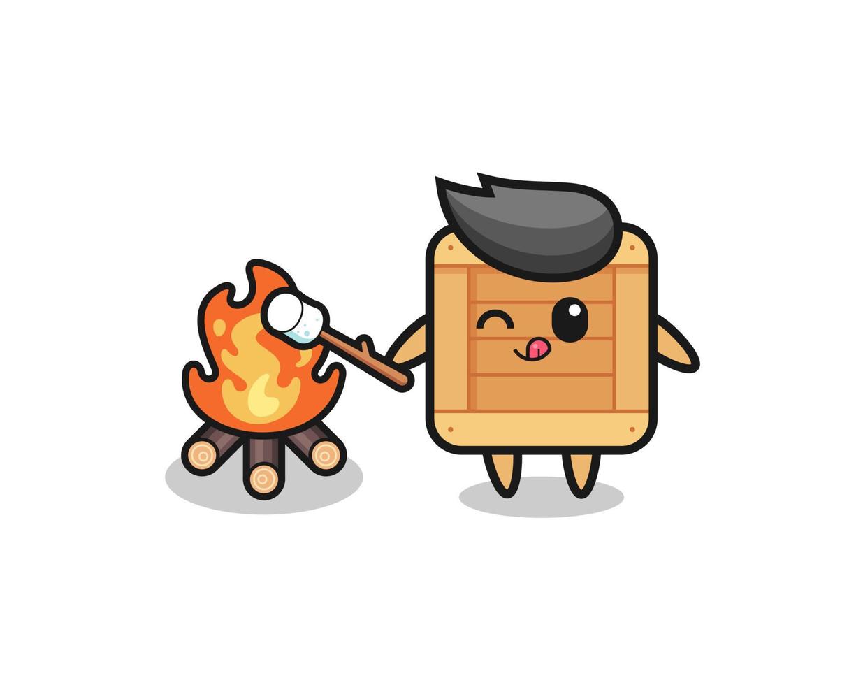personagem de caixa de madeira está queimando marshmallow vetor