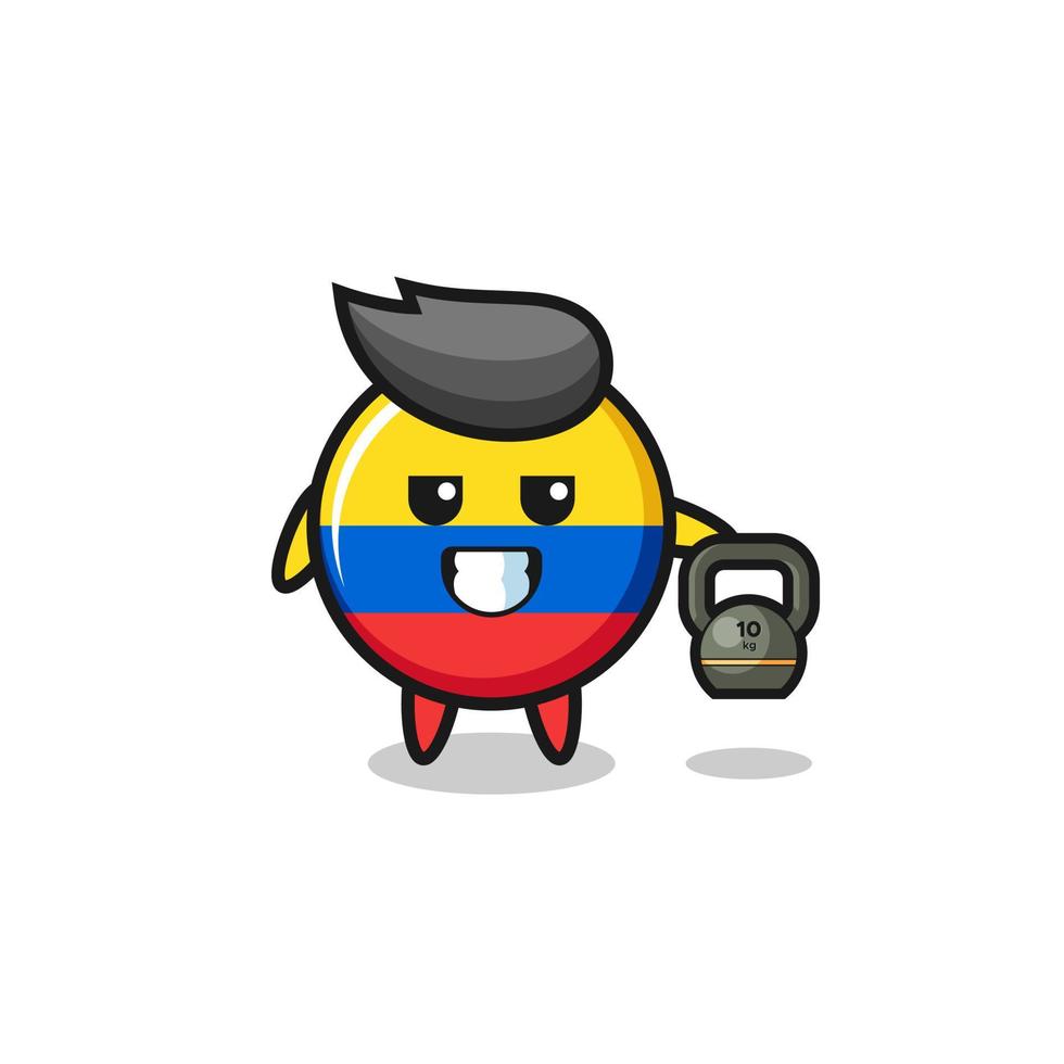 mascote da bandeira da colômbia levantando kettlebell na academia vetor