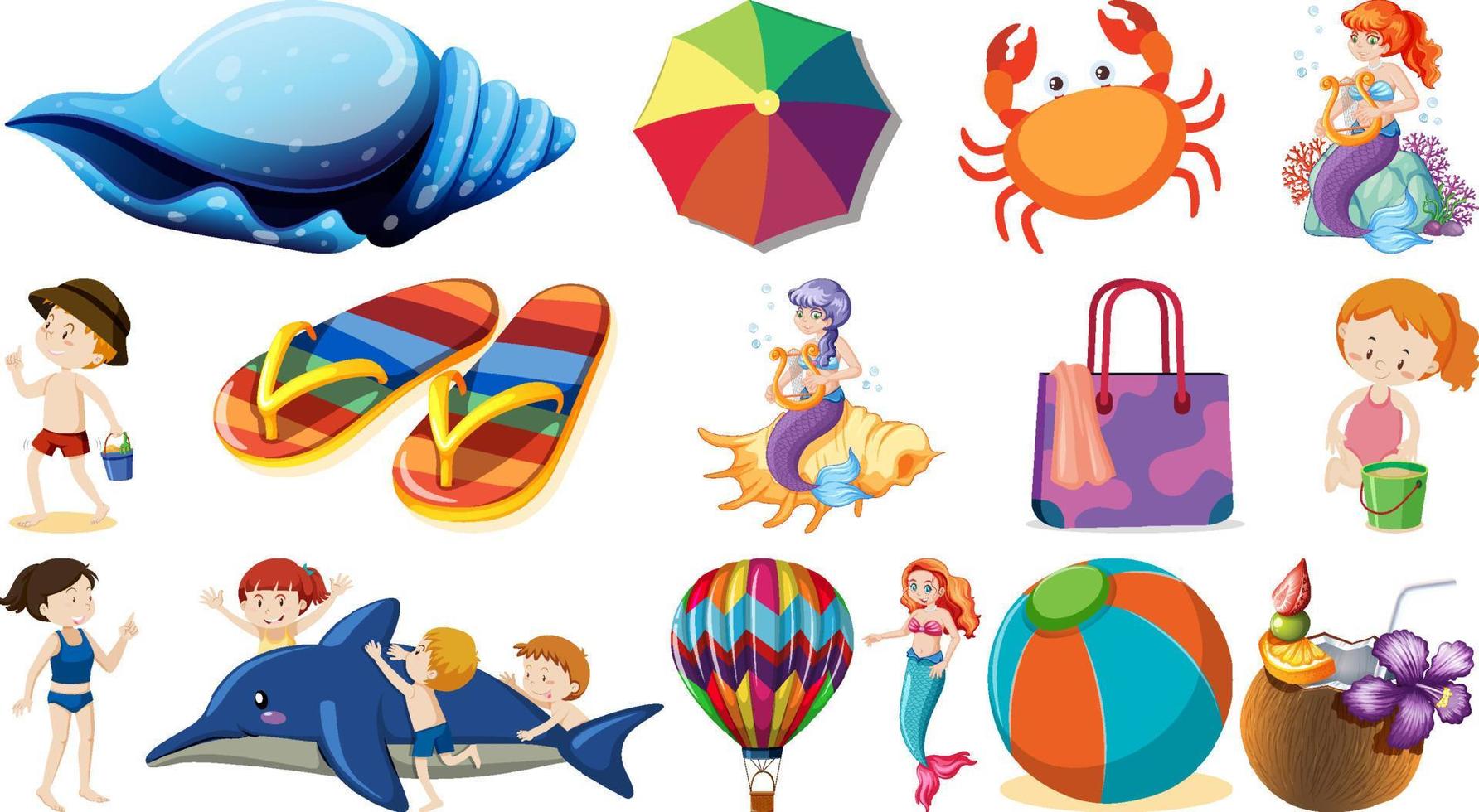 conjunto de objetos de praia de verão e personagens de desenhos animados vetor