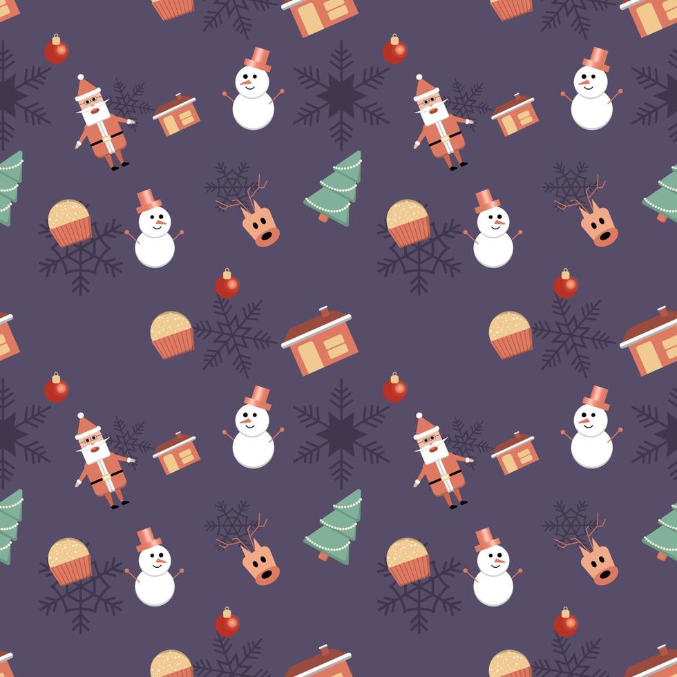 boneco de neve, Papai Noel, cabeça de veado, árvore de Natal, bola decorativa, plano de fundo sem emenda de cupcake. melhor para tecido de férias de inverno, papel de embrulho, álbum de recortes, projetos de design de cartões comemorativos. vetor