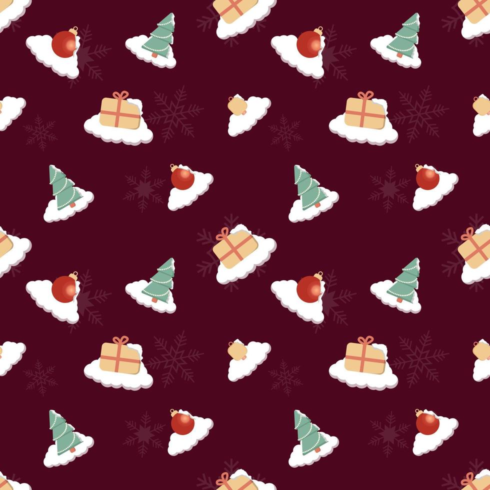 árvore de Natal coberta de neve, caixa de presente, bola brilhante, padrão de repetição perfeita de flocos de neve para embalagens, têxteis, capa de presente, plano de fundo para o projeto de design de Natal. vetor