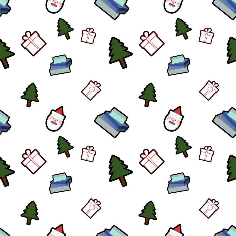 caixa de presente, árvore de Natal, cabeça de Papai Noel com chapéu sem costura de fundo. perfeito para tecido de férias de inverno, papel de embrulho, álbum de recortes, projetos de design de cartões comemorativos. vetor
