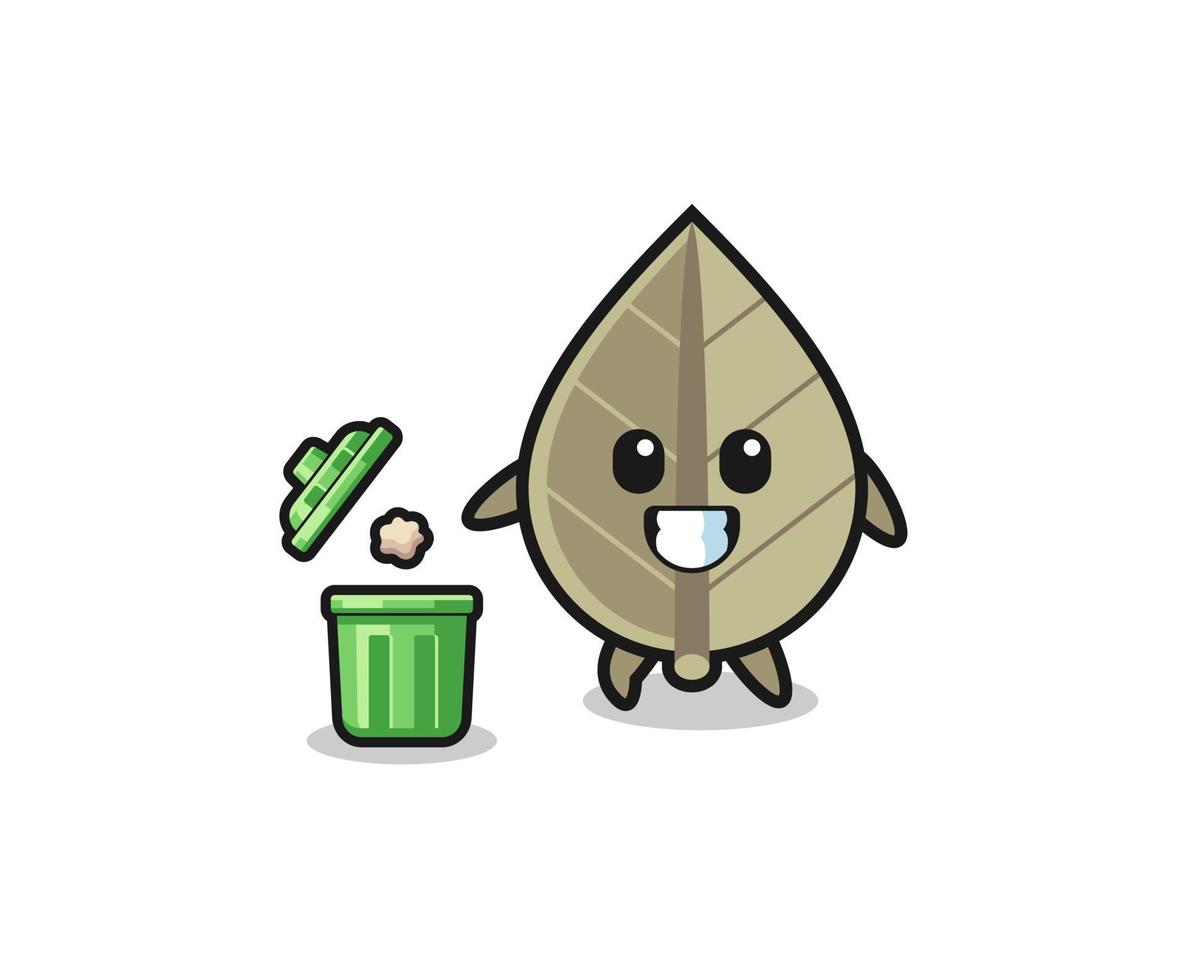 ilustração da folha seca jogando lixo na lata de lixo vetor