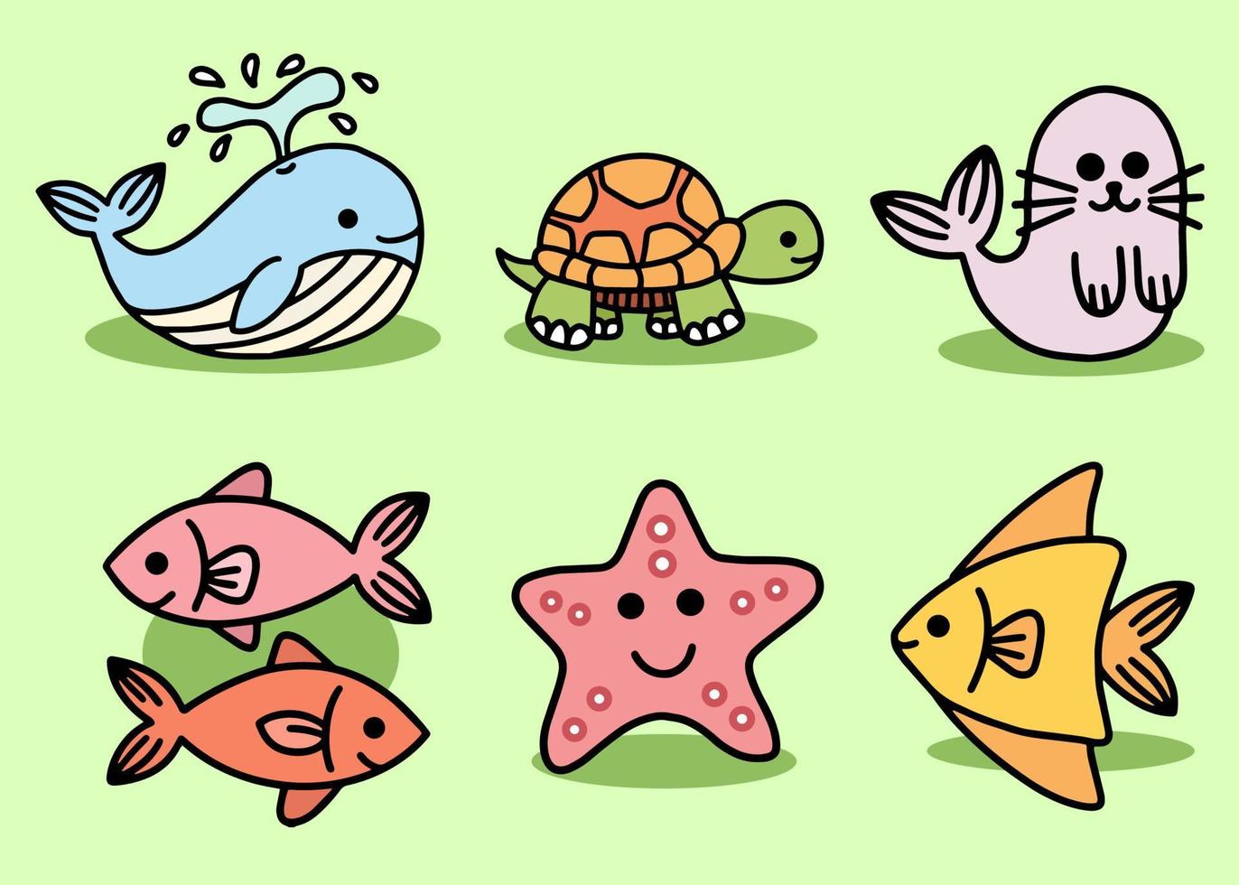 definir animais fofos peixes do mar peixes dos desenhos animados do oceano, focas, estrelas do mar, tartarugas, pinguins, ilustração da coleção de peixes vetor
