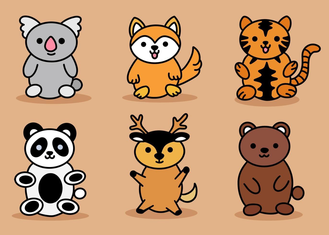 animal fofo conjunto coala, veado, urso, tigre, cachorro, desenho de arte em linha de panda vetor