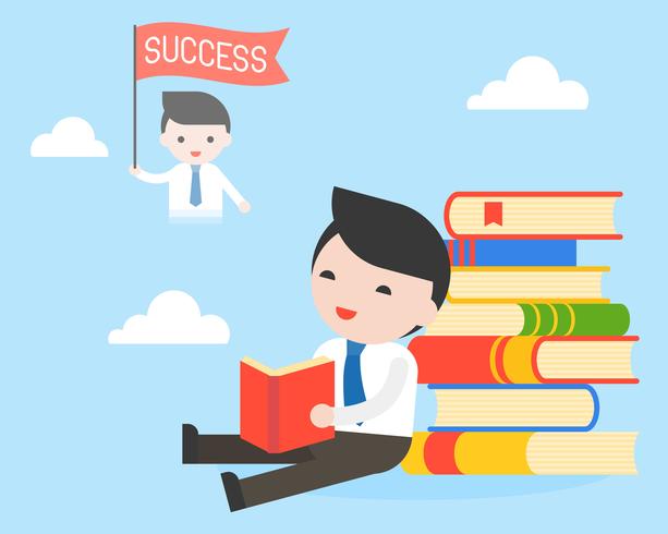 Empresário sente-se na pilha de livros, ler um livro e sonhando com sucesso vetor