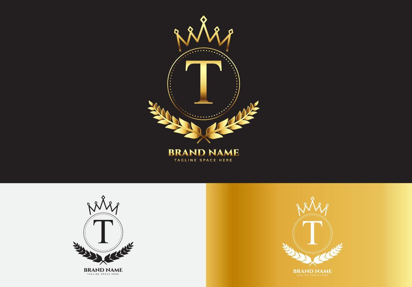 conceito do logotipo da coroa de luxo ouro letra t vetor