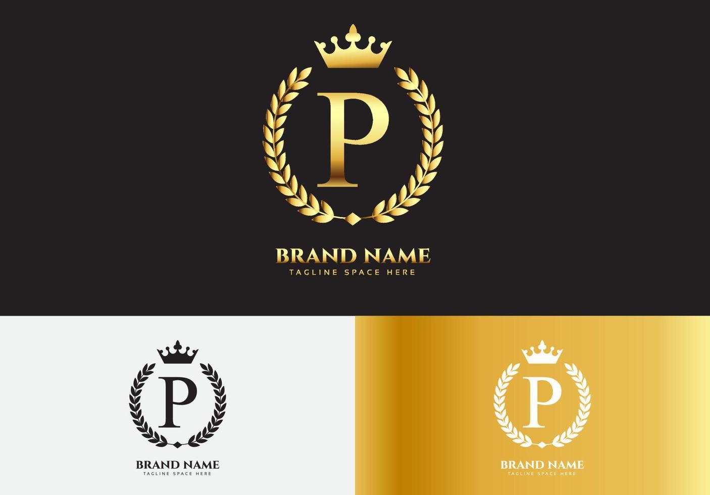 conceito do logotipo da coroa de luxo ouro letra p vetor