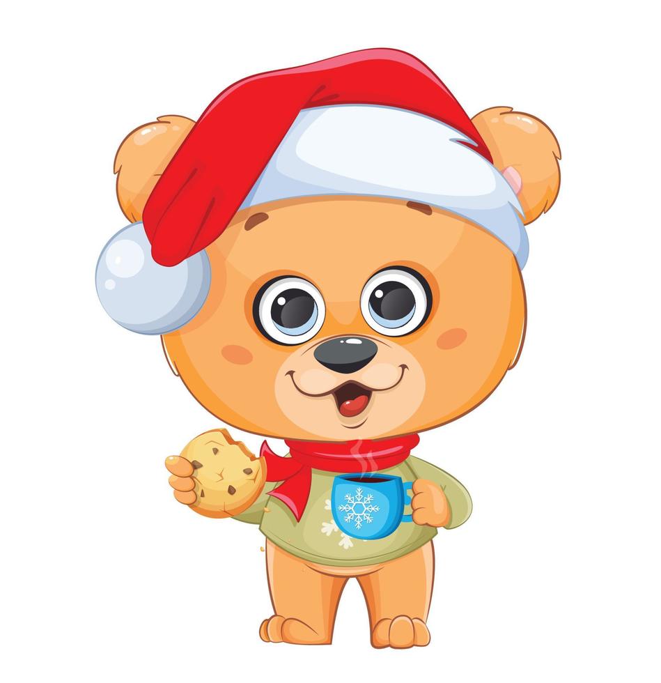 Feliz Natal. urso engraçado com chapéu de papai noel vetor