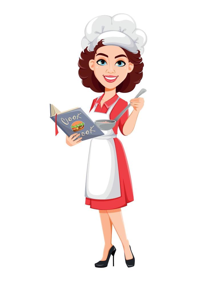 chef mulher segurando o livro de receitas. cozinheira vetor
