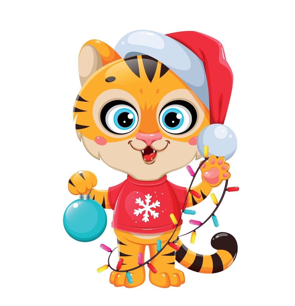 tigre fofo personagem de desenho animado com chapéu de Papai Noel vetor