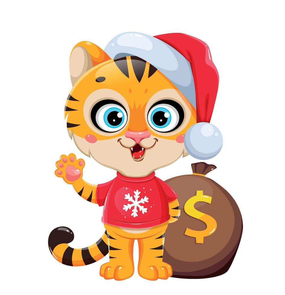 personagem de desenho animado bonito tigre no papai noel vetor