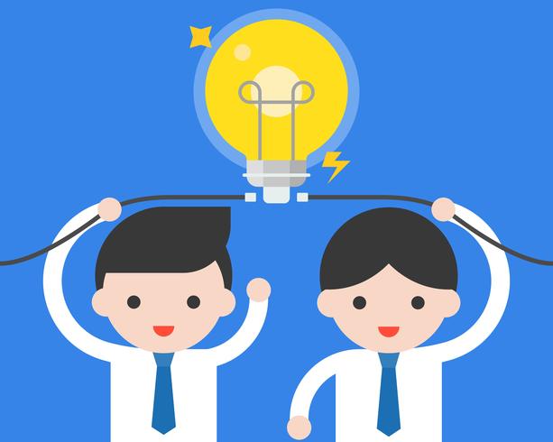 Empresário dois conectar lâmpada, situação de negócios sobre ideia de brainstorm e trabalho em equipe vetor