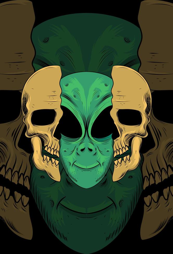 crânio com ilustração vetorial alienígena vetor