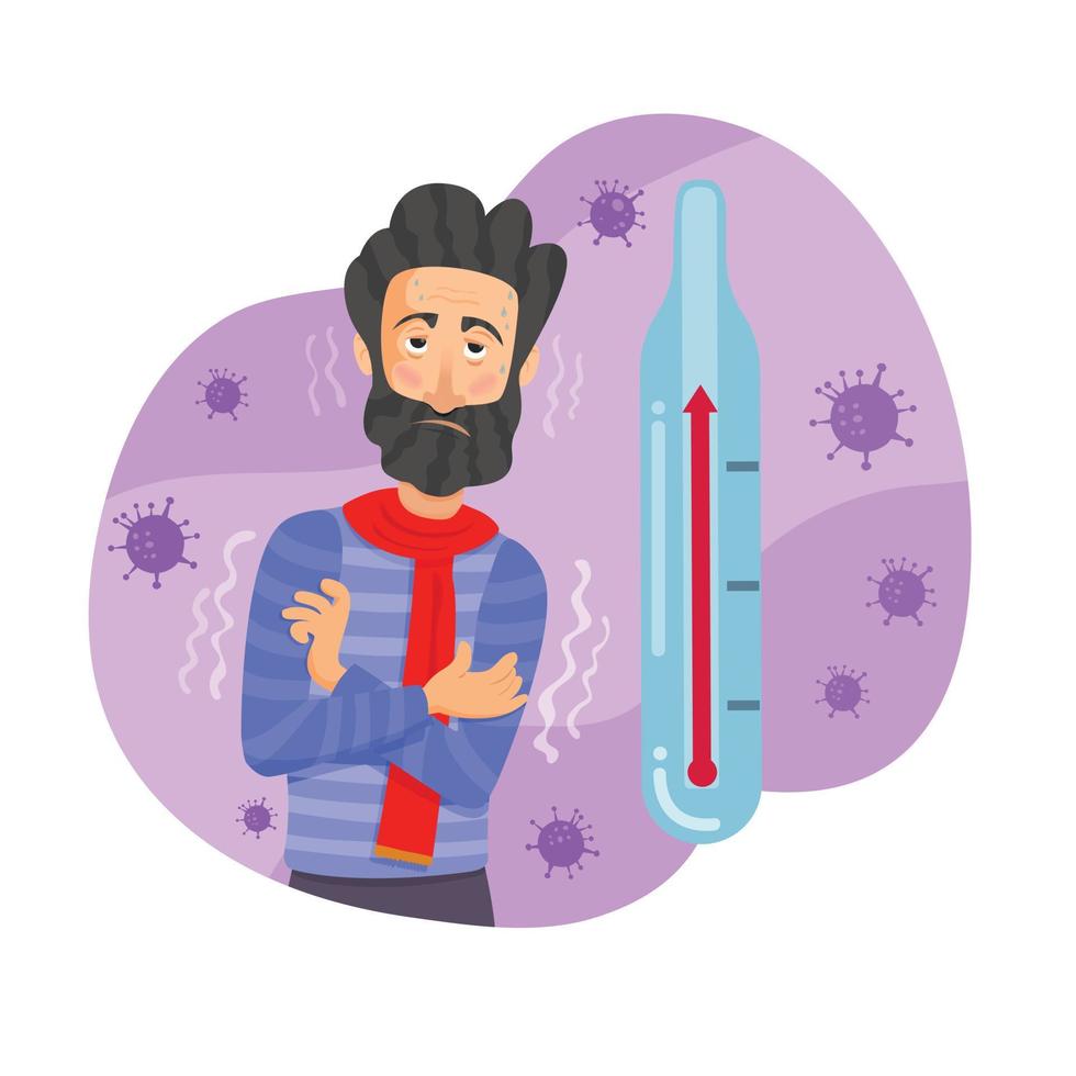 homem com febre e temperatura elevada como sintoma de gripe, resfriado. ilustração vetorial no estilo cartoon vetor