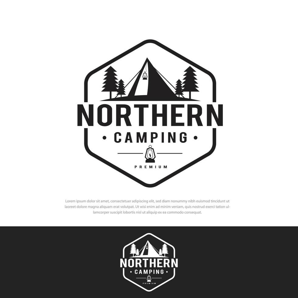 logotipo do símbolo de acampamento de aventura ao ar livre. barraca de acampamento na floresta ou montanhas equipamentos de acampamento, ilustração de lâmpada vintage vetor