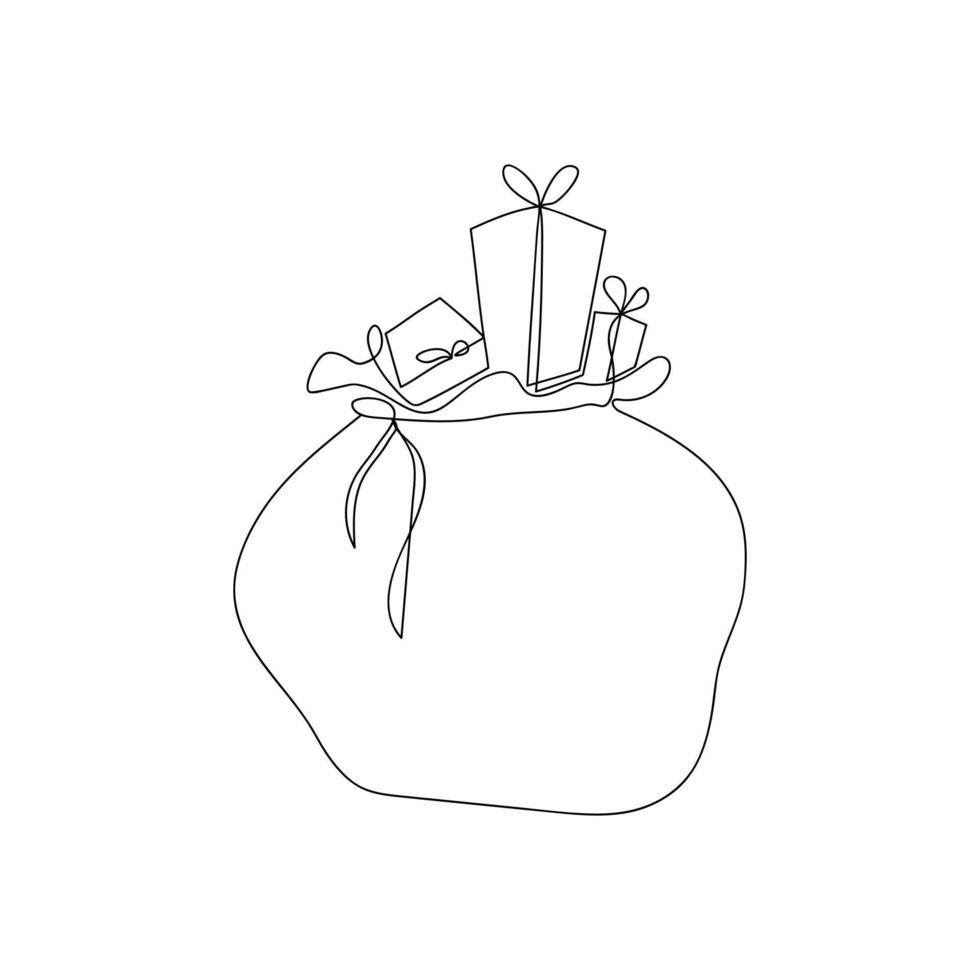 abriu saco de Papai Noel com presentes desenhados por uma linha. esboço de férias. Decoração de Natal. ilustração vetorial em estilo minimalista. vetor