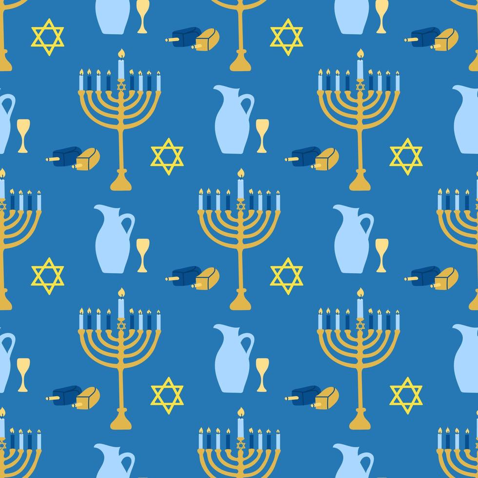 feliz hanukkah, o festival judaico das luzes. castiçal menorá com velas acesas. padrão sem emenda de vetor em fundo azul