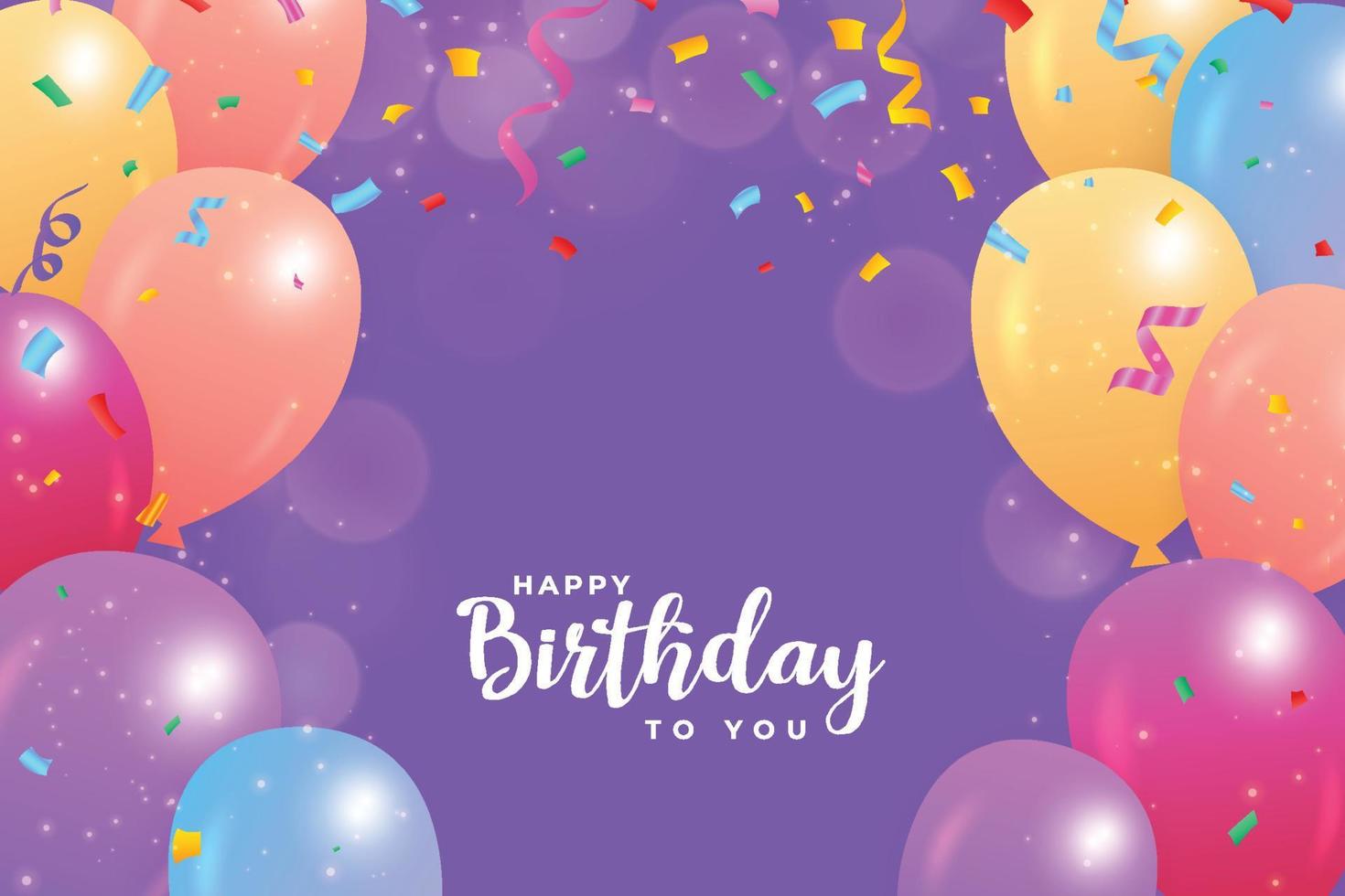 feliz aniversário fundo roxo com bokeh e balões. banner de feliz aniversário com confetes coloridos. banner de celebração de aniversário, balões realistas, fita colorida, fundo de bokeh de aniversário. vetor