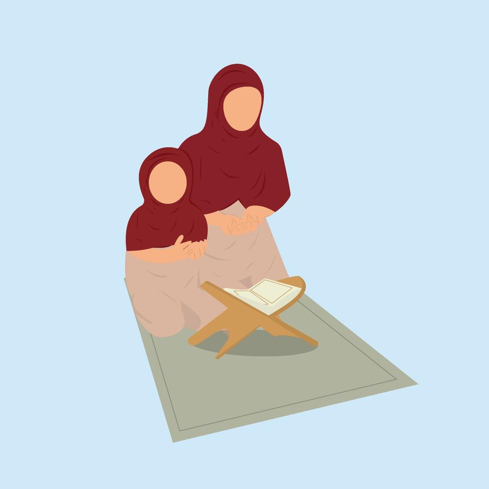 mãe muçulmana e filha lendo ilustração plana do Alcorão. linda mãe e filha orando juntos ilustração plana. design plano sagrado do Alcorão com meninas vestindo hijab vermelho e orando. vetor