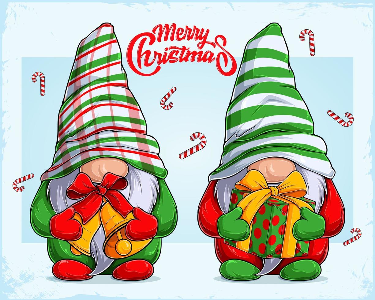 gnomos engraçados disfarçados de natal segurando um presente e sinos com letras de feliz natal vetor