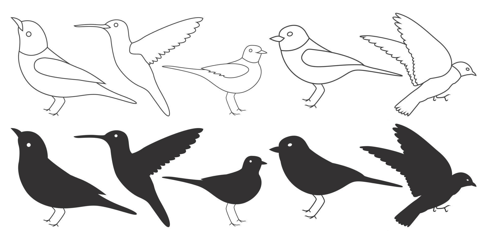 conjunto de vetores de silhueta de pássaros. pássaros sentados e voando