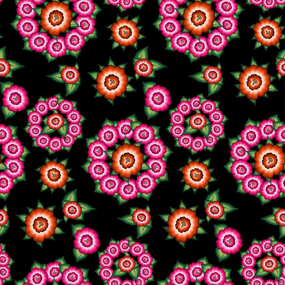 padrão de bordado floral mexicano sem costura, étnico colorido mandala flores nativas design de moda popular. bordado estilo têxtil tradicional do México, vetor isolado em fundo preto