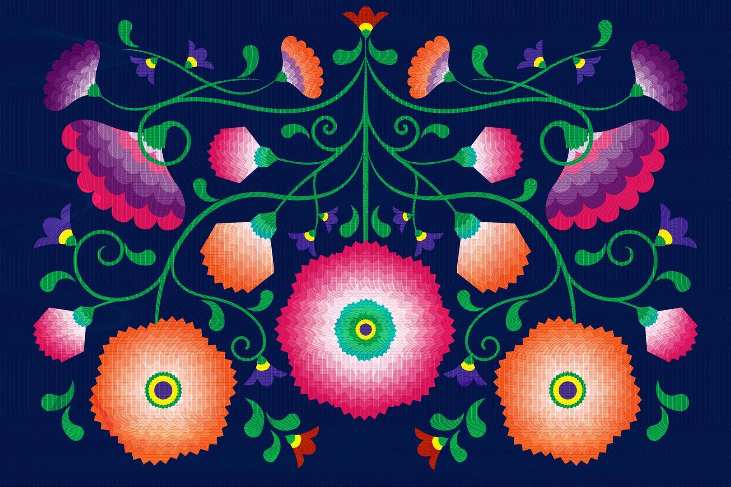 bordado de flores nativas padrão folclórico com influência polonesa e mexicana. na moda étnica decorativa floral tradicional em design simétrico, para a moda, interior, artigos de papelaria. vetor isolado em azul