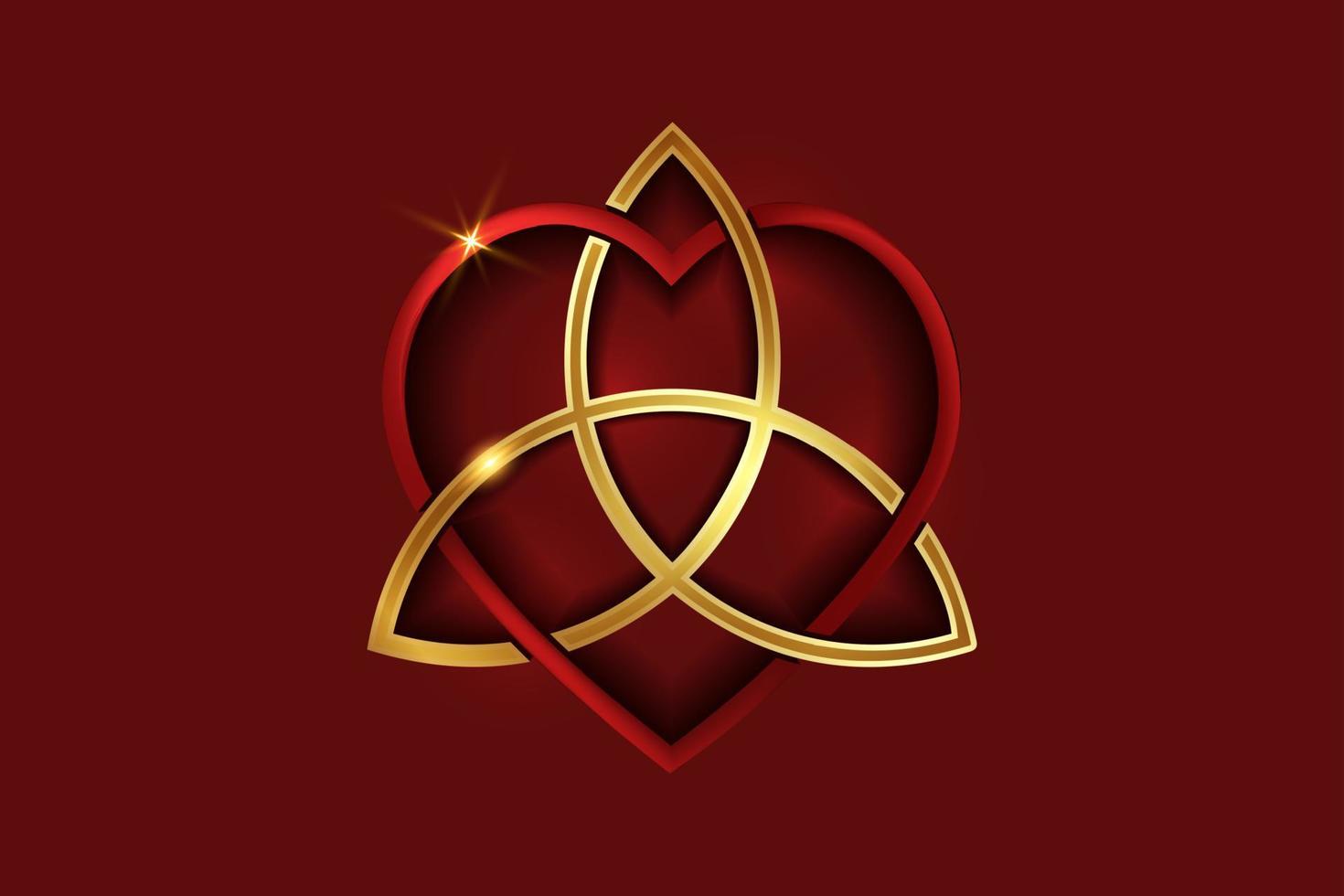 nó de amor celta, formato de coração vermelho entrelaçado e triquetra dourado, nó de símbolo de amor eterno. ícone do logotipo conceito de dia dos namorados, tatuagem de vetor de ouro isolada em fundo vermelho