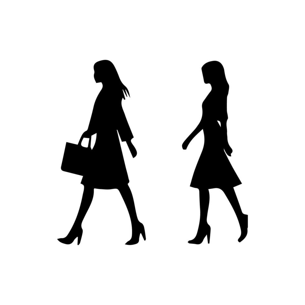 silhuetas do mulheres em pé e caminhando o negócio pessoas, Preto cor isolado em branco fundo vetor