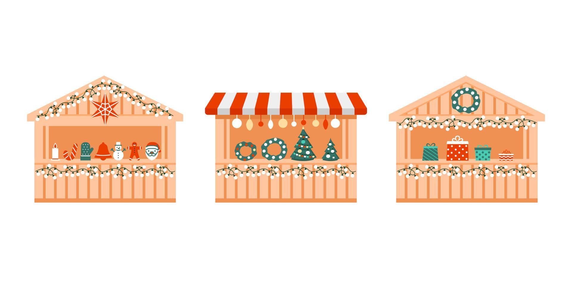 feira de natal ao ar livre, mercado de férias com presentes, loja exterior em uma pequena casa. quiosques de madeira com varejo de comércio no natal e ano novo. ilustração plana do vetor