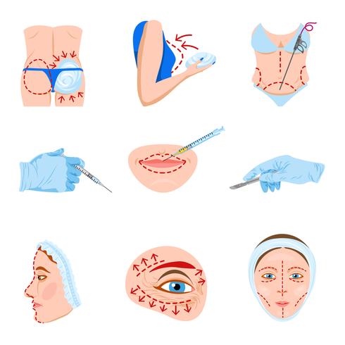 Conjunto de ícones plana de cirurgia plástica vetor