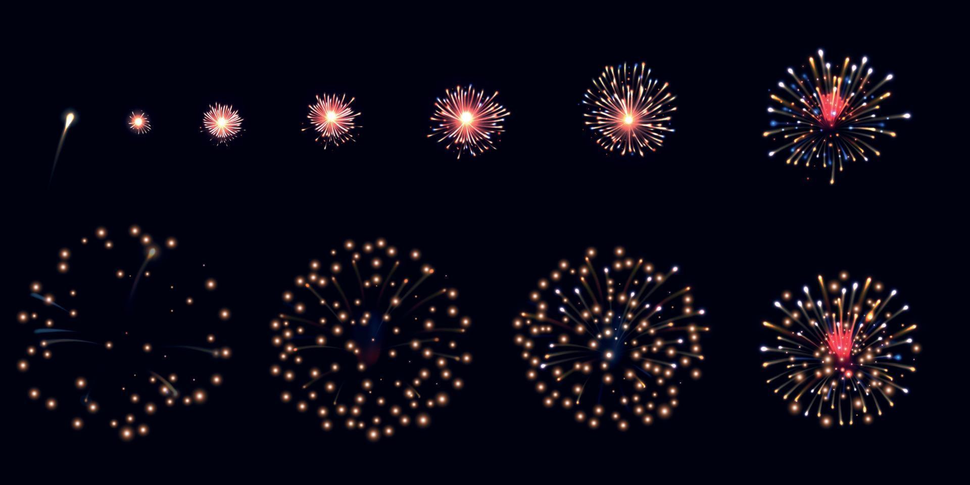 conjunto de animação de fogos de artifício vetor