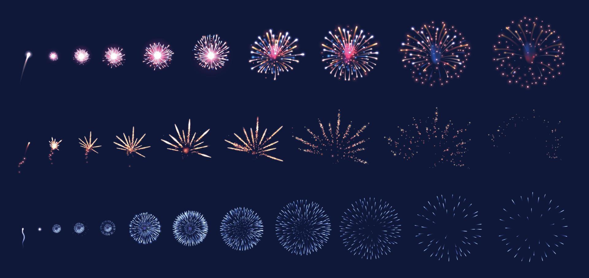 conjunto realista de animação de fogos de artifício vetor