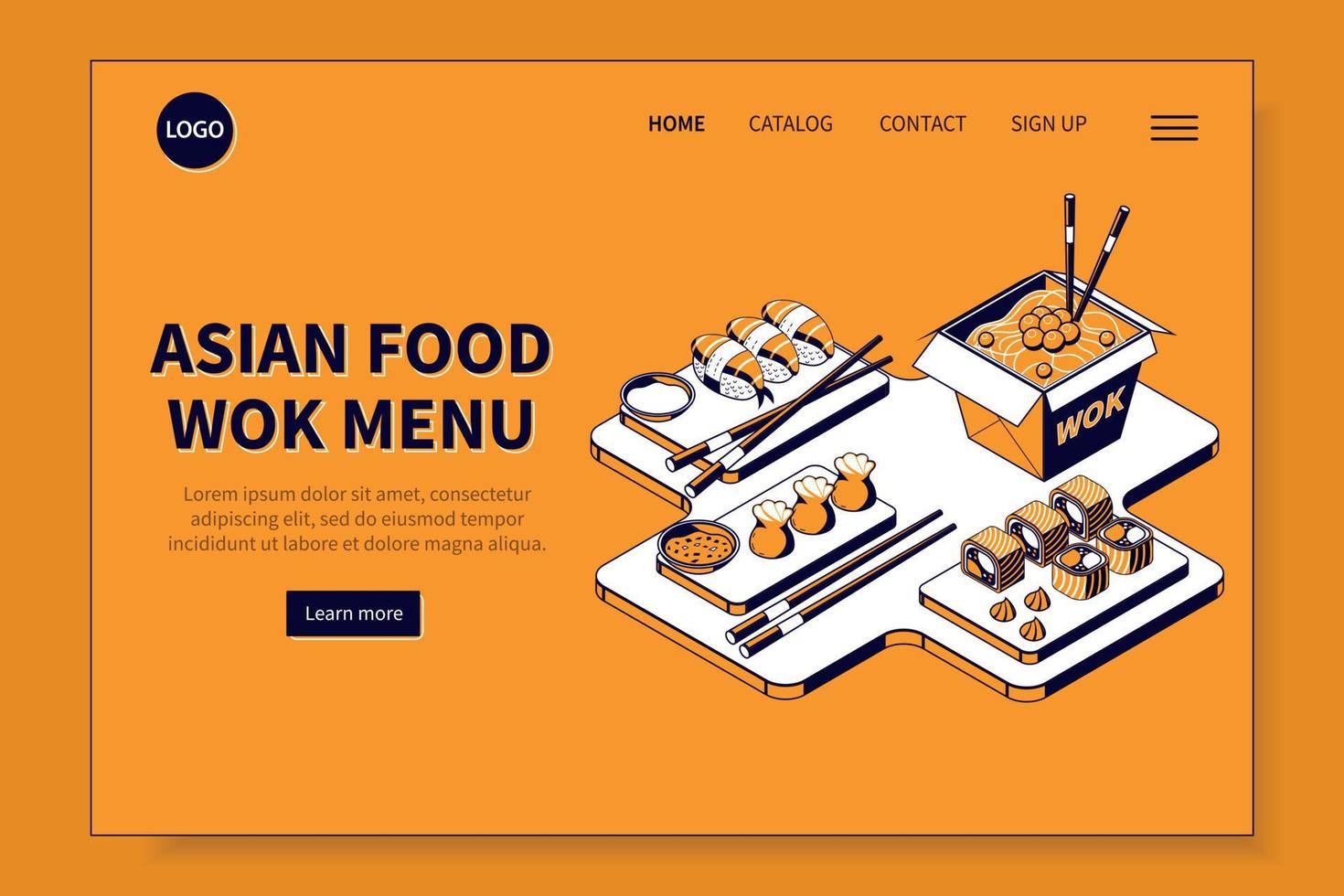 página inicial isométrica do menu wok de comida asiática vetor