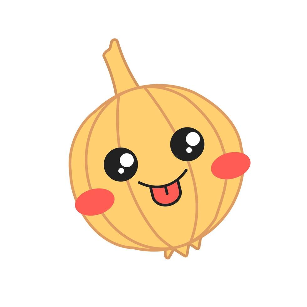 cebola personagem de vetor kawaii bonito. vegetal feliz com rosto sorridente de bebê e língua de fora. rindo comida. emoji engraçado, emoticon, sorriso. ilustração colorida isolada dos desenhos animados