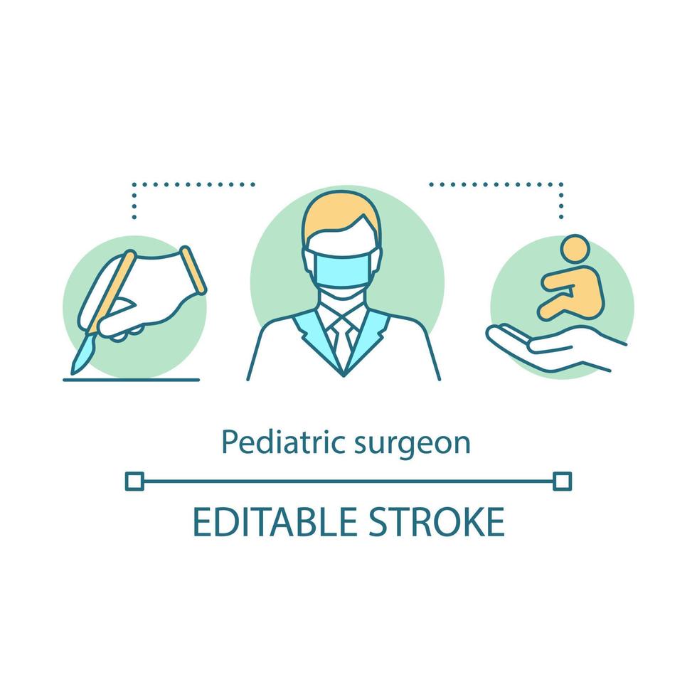 ícone do conceito de cirurgião pediátrico. especialista amigável para crianças. assistência cirúrgica. bisturi. ilustração de linha fina de ideia de serviço de saúde infantil. desenho de contorno isolado do vetor. curso editável vetor