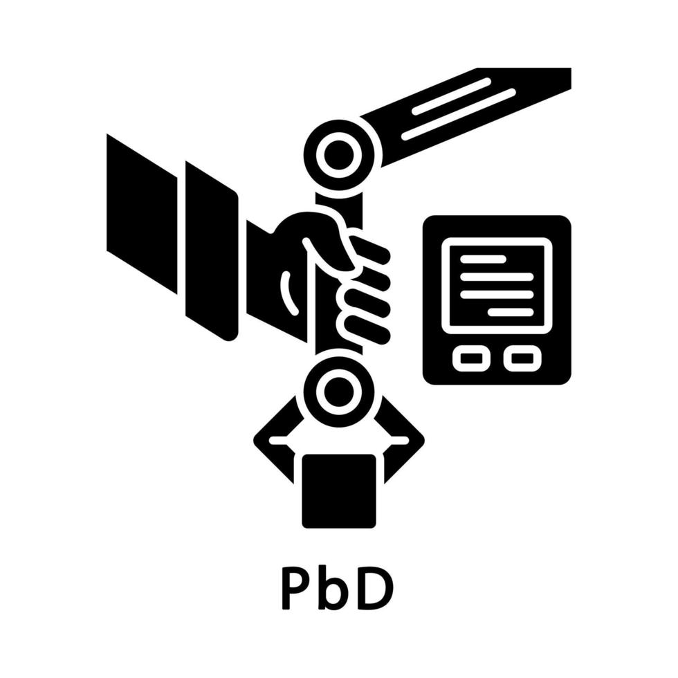 ícone de glifo pbd. programação por demonstração. programação por exemplo. rpa. automatizar fluxos de trabalho. trabalhador de inteligência artificial. símbolo da silhueta. espaço negativo. ilustração isolada do vetor