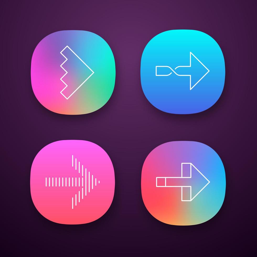 conjunto de ícones de aplicativos de setas para a direita. flechas torcidas, entalhadas ao lado, para a frente. sinal de ponteiro de navegação. símbolo apontando. interface de usuário ui ux. aplicativos da web ou móveis. ilustrações isoladas de vetor