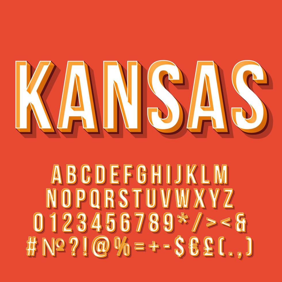 letras de vetor 3d vintage de kansas. fonte retro em negrito, tipo de letra. texto estilizado de pop art. letras do estilo da velha escola, números, símbolos, pacote de elementos. Pôster dos anos 90, 80, banner. fundo de cor vermelha